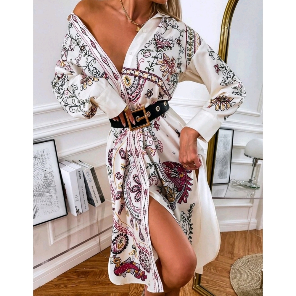 Boho Button Front Floral Print Split Hem Shirt Dr… - image 2